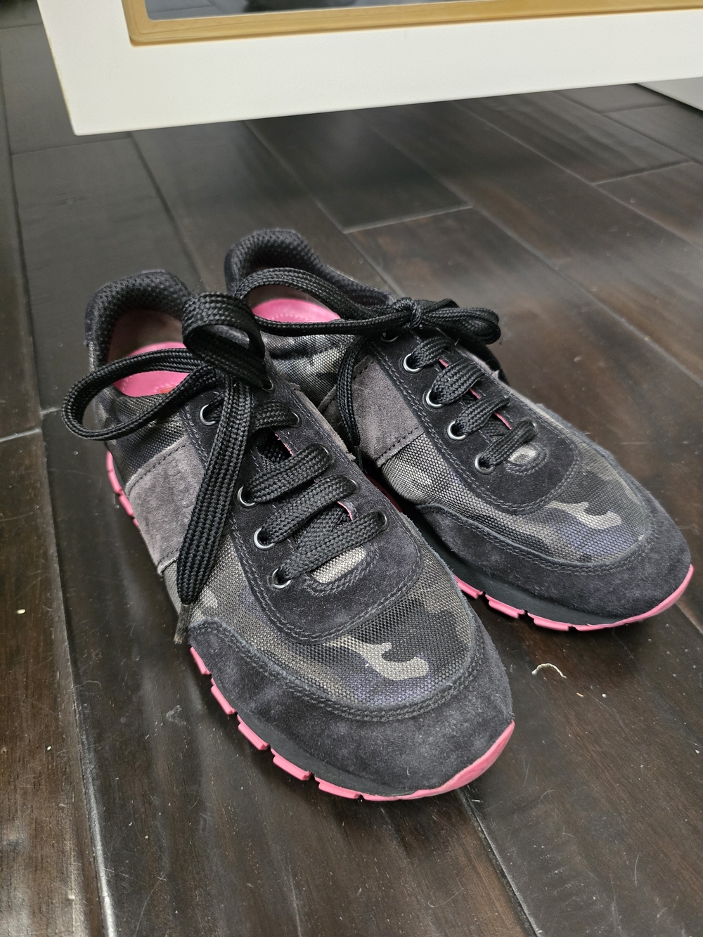 Prada Kids Black and Pink Lace-Up Sneakers